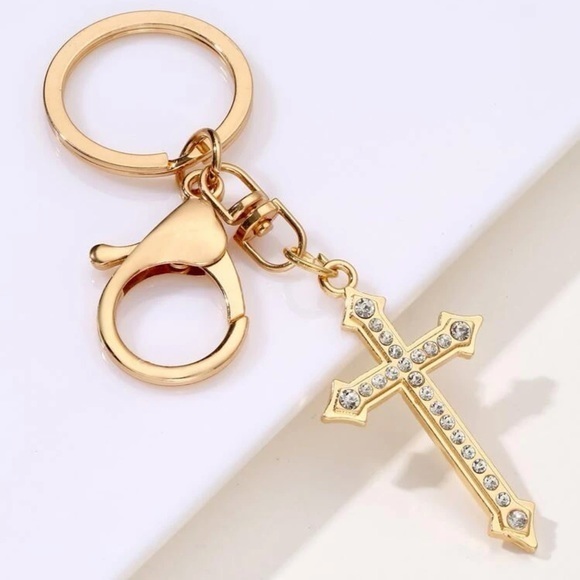 Rhinestone Cross Charm Keychain Golden Keyfob Spiritual Gift - Picture 1 of 7